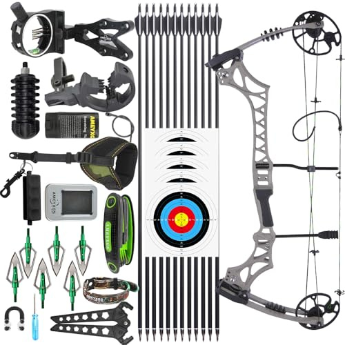 Set arco compound per destrimani con peso di trazione 30-70 libbre e velocità IBO 320 FPS. Ideale per la caccia e il tiro al bersaglio. Accessori completi inclusi.