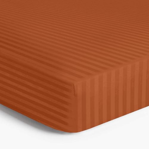 MOONLIGHT20015 Double Fitted Sheet 40cm Soft Brushed Microfiber with Satin Stripes Fade Resistant Easy Care Breathable Bed Sheets (Rust, Double)