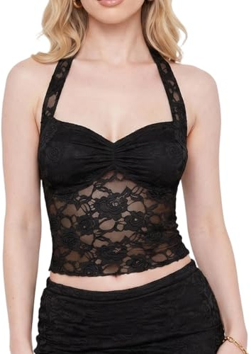 Supcomsta Women's Lace Cami Top,Y2K Backless Lace Cami Vest Tops,Self-Tie Strap Sexy Lace Camisole Tank Tops for Women,Soft Mesh See Through Crop Bustier