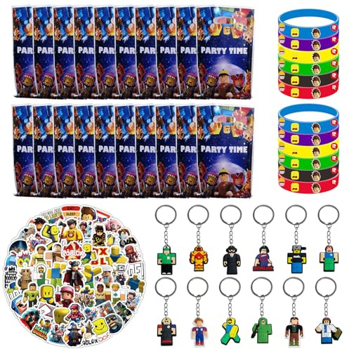DaengGeGe 147 Roblx Regalitos para Fiesta de Cumpleaños Infantil, Bolsitas de Regalo, Pulseras de Silicona, Llaveros y Pegatinas DIY, Detalles y Decoración para Celebración de Niños