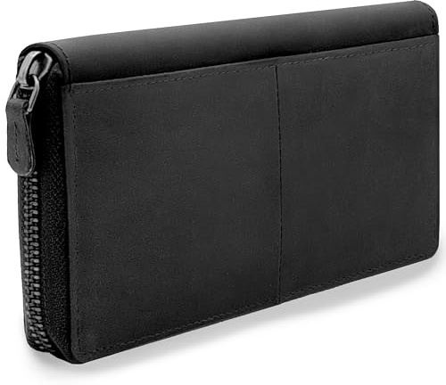 Leder, Damen Geldbörse, URBAN FOREST, Cntmp, Damen Portemonnaie, Damen Börse, Brieftasche lang, Querformat, Echt Leder, Natur-Leder, 19x10x2cm (BxHxT), Farbe:Schwarz