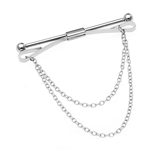 PiercingJak Mens Silver Tone Metal Shirt Tie Collar Pin Stud Brooch Necktie Clip Chain for Wedding Business