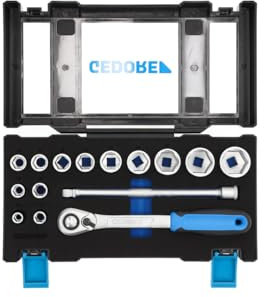GEDORE 19 DMU-20 Steckschlüsselsatz 1/2 mit Umschaltknarre / 15-tlg. Stecknuss-Satz mit 1/2-Steckschlüsseln und umschaltbarer Ratsche & Verlängerung/Adapter