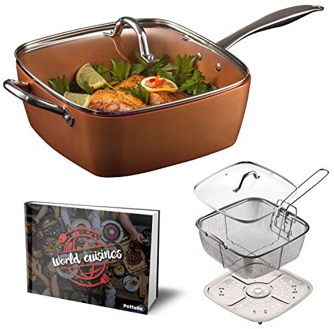 Pottella Deep Square 9.5” Nonstick Copper Pan Chef 5 Piece Set Frying Basket, Steamer Tray with Bonus World Cuisine Cookbook