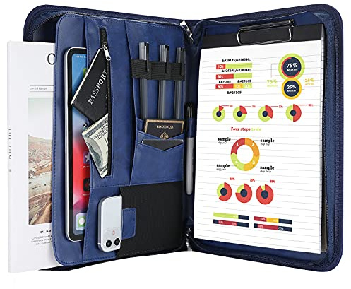 ProCase A4 Schreibmappe PU Kunstleder Konferenzmappe Portfolio mit Reißverschluss Klemmbrett Notizblock Business Dokumentenmappe, leichtes, langlebiges Material- Navy