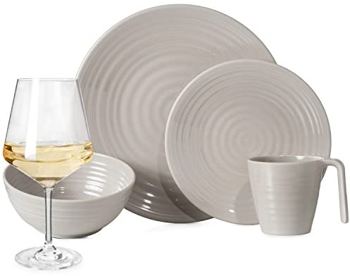 Vaisselle de camping en mélamine pour 4 personnes - Design café - 16 pièces + 4 verres à vin Milano blanc
