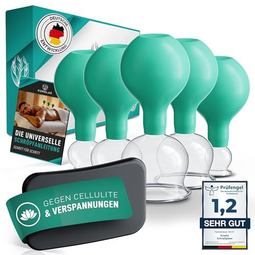KURGLAS [Das Original] Schröpfgläser aus Echtglas [5 Stück] - Medizinische Schröpfen mit Saugball & Faszienschaber - mit starker Saugleistung - Schröpfset mit e-Book - Gegen Verspannungen & Cellulite