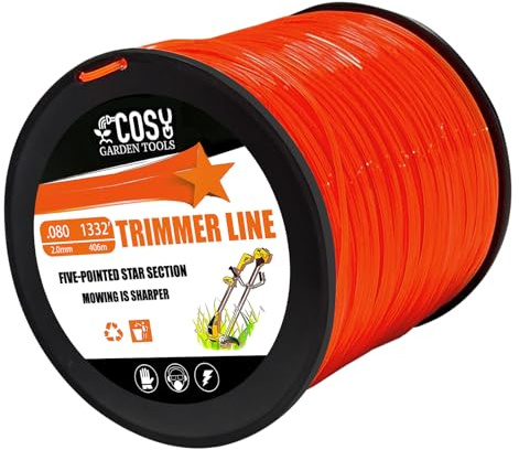 COSY GARDEN TOOLS Filo per tagliabordi,Filo decespugliatore da 2,0mm x 1,4 kg, 406m,di Grado Commerciale, Arancione, pentagono, per la Maggior Parte dei tagliabordi,Testina decespugliatore