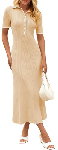 MEROKEETY Women's Spring Summer Ribbed Maxi Dress 2026 Bodycon V Neck Button Short Sleeve Slim Fit Knit Sweater Dresses, Apricot, Small
