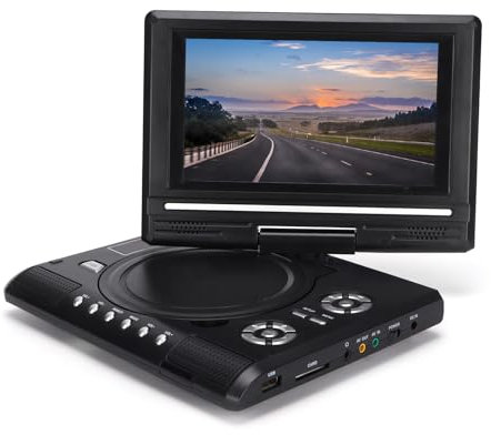 Lettore DVD HD Portatile con Schermo Girevole, Doppi Altoparlanti Stereo, TV Analogica, Porta USB, Lettore di Schede, Batteria a Lunga Durata, Rotazione di 270°, Multifunzione