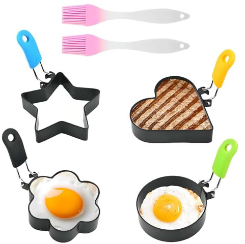 SRTSTR 4 Pezzi Stampo per Frittata in Acciaio Inossidabile Stampo Pancake con Manico Anello per Uova Forme Diverse Stampi per Uova con Spazzola in Silicone per Cucinare Uova Fritte Pancake Frittate