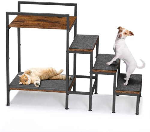 CADUKE Hundetreppe für Bett, robuste Katzentreppe aus Metall und Holz, 4 Stufen Haustiertreppe für alte Katzen, kleine Hunde, Braun und Schwarz, 33 x 85 x 63cm