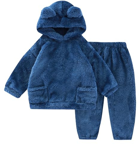 JiAmy Set di felpa con cappuccio invernale per bambini, set di vestiti caldi con cappuccio, per neonati, ragazzi, ragazze, maglioni, 2 pezzi, 12 mesi, 4 anni, Blu mare, 2-3 Jahre