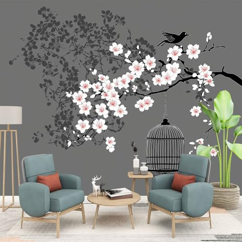 Fotomurales infantiles Estilo Japonés Papel Tapiz 400 x 280 cm Flores De Cerezo Japonesas Y Jaulas De Pájaros Fotomurales 3D Tv Fondo Pared Moderno Dormitorio Murales Fotomurales Decorativos
