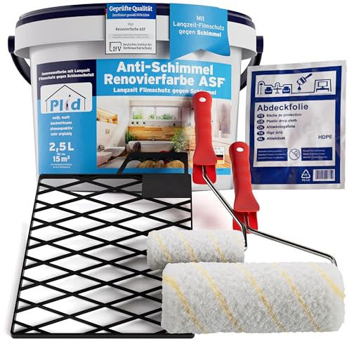 Plid Anti-mögel renoveringsfärg inomhus vit 2,5 l inkl. stråkset 6 delar [för alla väggar] – anti-mögelfärg för fuktiga rum, badrum och kök – väggfärg vit – långsiktigt skydd mot mögel