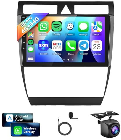 8 Núcleo 4G+64G Android 13 Radio de Coche para Audi A6 C5 1997-2004 S6 1999-2004 RS6 2002-2006, 9 Pulgadas HD IPS de Pantalla Táctil con Carplay Android Auto GPS WiFi Bluetooth FM RDS Cámara