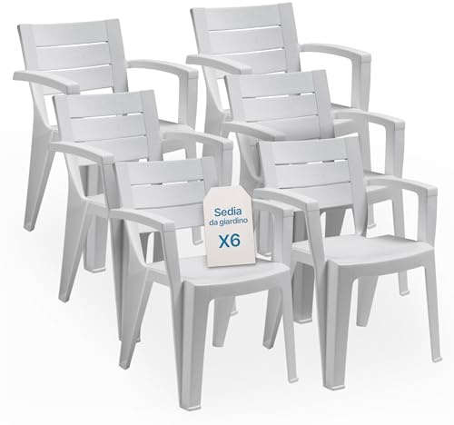 Tomaino - Set 6 Sedie Da Giardino In Plastica Maya - Sedie Plastica Impilabili Con Braccioli e Schienale a Doghe - Sedia Giardino Per Esterno, Terrazzo o Bar - Bianco