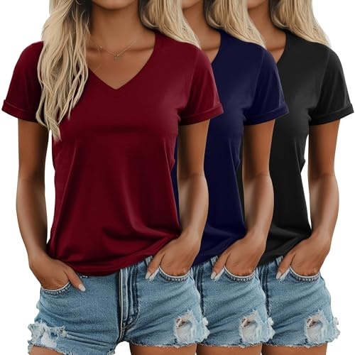 Ficerd - Confezione da 3 Magliette da Donna con Scollo a V, Top Estivi a Maniche Corte, vestibilità Ampia, Maniche Arrotolate(Nero, Blu Navy, Rosso Vino,L)