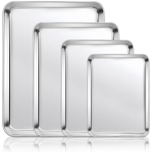 Baking Tray 4Pcs Heavy Duty Stainless Steel Cookie Sheet Pan Nonstick & Rustproof Oven Trays 4 Sizes Rectangle Rimmed Baking Sheet for Cooking, Serving, Dishwasher Safe, Easy Clean