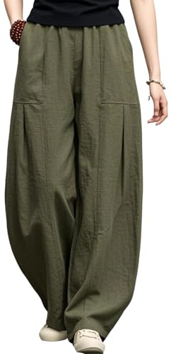 IXIMO Women's Linen Wide Leg Pants Casual Elastic Waist Loose Lantern Trousers Front Pockets Army Green Large