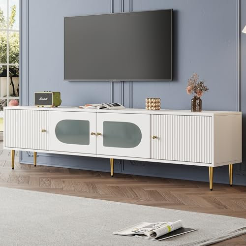 Elegant 170 x 35 x 50 cm TV-skåp vit kropp med gyllene ben och handtag, 2 dörrar med vertikala spår, 2 dörrar med välvt glas, 35 kg lastkapacitet, TV-skåp, TV-bräda, TV-underskåp