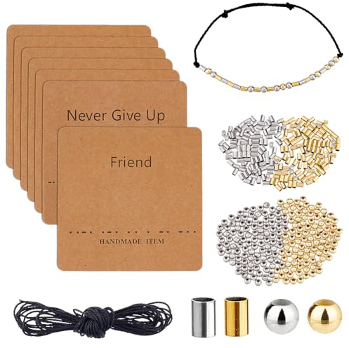 DICOSMETIC DIY Morse Code Armband Perlen Set Inklusive 400 Stück 2 Stile Edelstahl Perlen Großpackung 5.46 Meter Gewachste Baumwollschnur 14 Stück Armband Display Karten