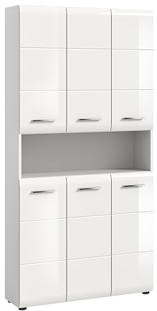 xonox.home – Mehrzweckschrank Ice 90x185x30 cm in Korpus weiß Nachbildung und Front weiß Hochglanz – weißer Badschrank Hochschrank breit – modern & platzsparend