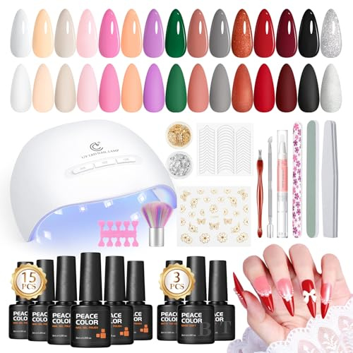 PEACECOLOR Kit Uñas Semipermanentes con Lámpara, 15 Colores Uñas Semipermanentes Kit Completo con Base Top Coat Mate Manicura Regalo para Principiante