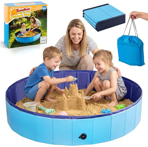 Foldable Sandbox for Kids, Large 48x48in Sand Box Toys for Kids Ages 3-8, Portable Outdoor & Indoor Sand Pit for Backyard, Balcony, Beach, Camping, Waterproof PVC Material with Drain Hole