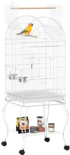 PawHut Jaula para Pájaros con Ruedas y Estante, 51x51x153 cm, Jaula Grande con Parte Superior Abatible, 2 Comederos, 2 Perchas, 4 Puertas y Bandeja Extraíble, para Loros y Canarios, Blanco
