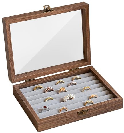 MXGHIR Ring Storage Boxes, Jewellery Rings Earrings Cufflink Display Box | Natural Walnut Wood, 7 Slots Velvet Lining, Display Showcase Travel Organiser for Women Girls