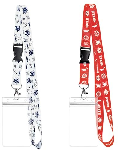 2 Piezas Cordón para Crucero con Porta Tarjetas, Funda Impermeable Transparente, Cinta Cuello Desmontable para Identificación, Tarjetas de Barco, Oficina y Escuela (Blanco, Rojo)