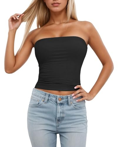 Bandeau Tube Top Femme Sexy Hauts Été sans Bretelles Débardeur sans Manches Court Basic Crop Tops Élastique Slim Fit Shirt Dos Nu Y2K Casual Couleur Unie Bustier Sport Chemise