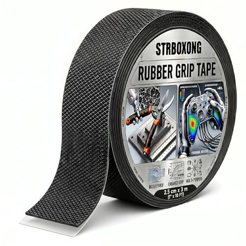 STRBOXONG Rubber Grip Tape, Anti Slip Tape for Handles, Non Slip Rubber Tape Self Adhesive Strip, 25mm x 3m, Waterproof Black Grip Wrap for Tool Handles, Gym Equipment & Steps