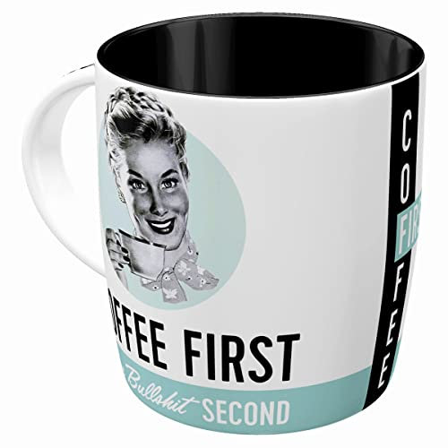 Nostalgic-Art Tazza da caffè retrò, Coffee First – Idea Regalo per Amanti della Nostalgia, Divertente Design Vintage con Detto, 330 ml, in Ceramica
