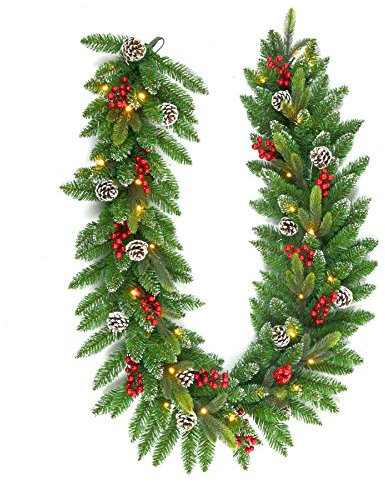 2m Christmas Garland with Warm White LED Lights Decorated Snow Flocked Artificial Green Xmas Garland Hanging Decorations with Pinecones, Red Berries for Home Stairs, Fireplace
