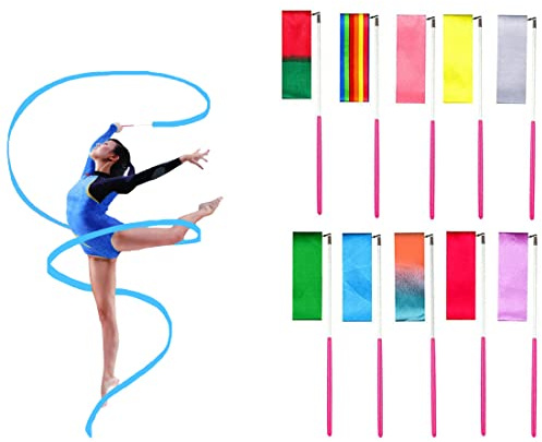 AITIME 10 Pieces 2 Meters Rhythmic Gymnastics Dance Ribbons, Girls Dance Rainbow Streamers,CE and EN71 Approved, for Unicorn Mermaid Princess Birthday Dancing Party Favors Bags Kids Classroom Prize