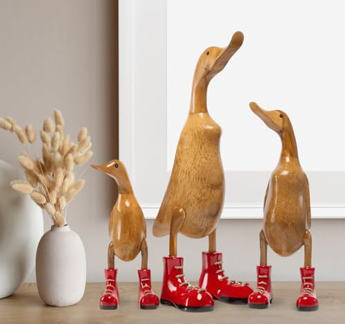 Rikmani - Figura di legno Anatra Stivali Rosso - Fatto a mano in legno Decorazione Regalo Figurina 46 cm