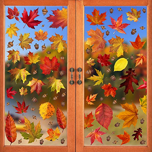 CCINEE 216pcs Maple Window Clings 6 Sheets Fall Leaves Assorted Maple Oak Leaves Acorns Window Stickers for Autumn Thanksgiving Halloween Seasonal Holiday Glass Window Decorations