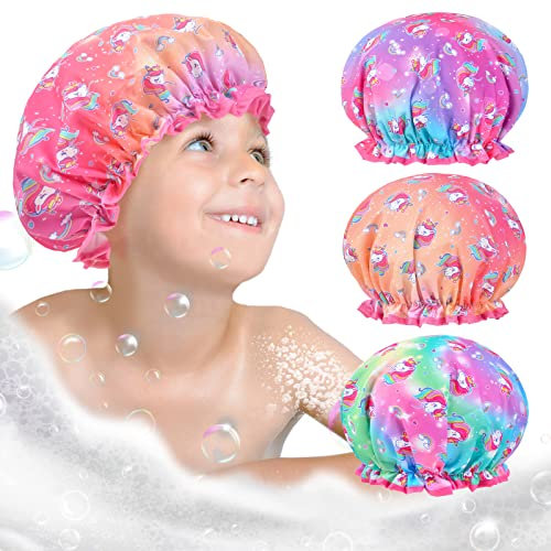 Shower Cap for Kids, 3 Pcs Kids Shower Caps for Girls, Cute Rainbow Hair Cap Wide Elastic Band, Plastic Reusable Waterproof Toddler Shower Cap, Large Bath Cap for Kids Girls Women