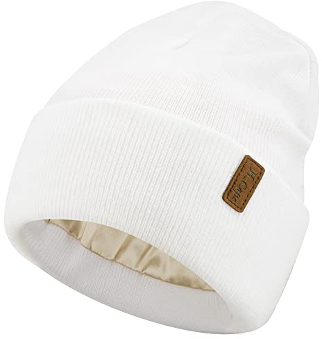 Bequemer Laden Womens Winter Warm Satin Lined Knit Beanie Hat Slouchy Skull Caps Silk Lining Ski Hats for Women Men, White, One Size