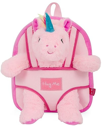 PERLETTI Kuscheltier Rucksack für Kinder mit Plüschtier - Pluschspielzeug Weich Flauschig Kindergarten Schultasche mit Plüsch Tier Tasche - 3 4 5 Jahren Baby Kindertasche 27x21x9 cm (Einhorn Pink)