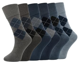 ARG Lot de 6 paires de chaussettes pour diabétiques pour homme - Sans coton élastique - Coutures lisses au niveau des orteils - Poignets non élastiques (39-45), Motif losanges, taille unique