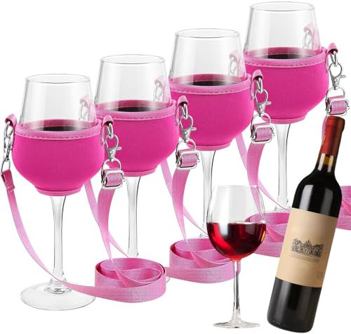 Wzhtuzi 4 Stück Weinglashalter zum umhängen, Tragbare Weinglashalter Festival Wine Glass Holder Stoff Weinglashalter Perfekt für Soziale Veranstaltungen und Outdoor Aktivitäten, Rosa