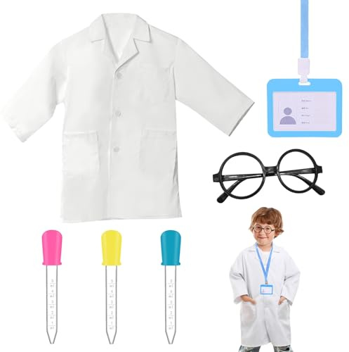 BORISCA 6 Pz Set da Camice Bianco da Laboratorio Bambino+Piastra di Lavoro+Mmontatura per Occhiali+3 Contagocce, Camice Dottore Bambino Giochi di Ruolo, Costume da Scienziato Bambini (L)