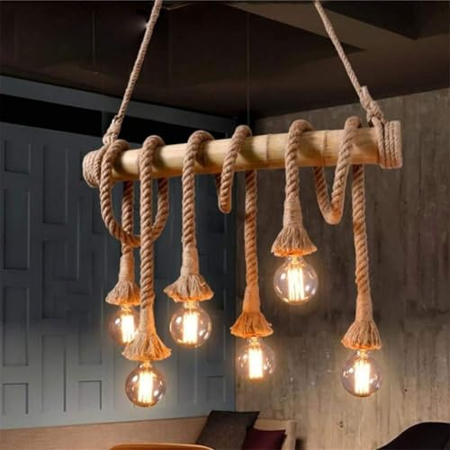 ONSSI® Lámpara Colgante de Estilo Industrial Vintage Bambú Natural,Casquillo E27 Retro 6 Luces (Sin Bombilla) Lámpara de Cáñamo de Estilo Rústico,Cuerda de Cáñamo Para Bar,Cafetería, Restaurante