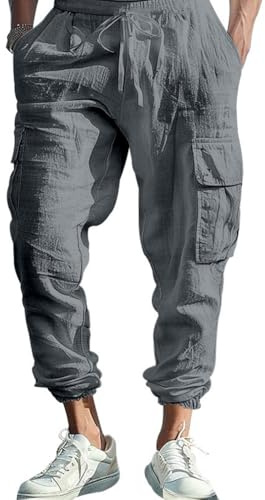 OLIPHEE Pantaloni di Lino da Uomo Lunghi con Cargo Tasche e Coulisse Casual Pantaloni Uomo Estivi Leggeri Comodo con Elastico Vita Loose Fit Pantalone da Yoga Spiaggia Grigio XL