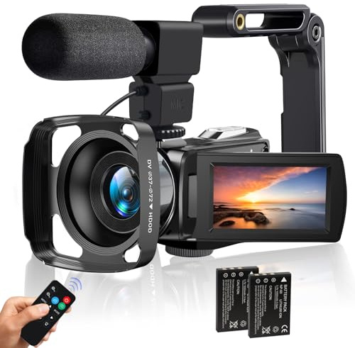 lovpo Camcorder Video Camera 4K HD 48MP Vlogging Camera for YouTube 3.0 Touch Screen Camcorder, 18X Digital Zoom Video Recorder with Microphone, Stabilizer, Lens Hood, Remote and 2 Batteries