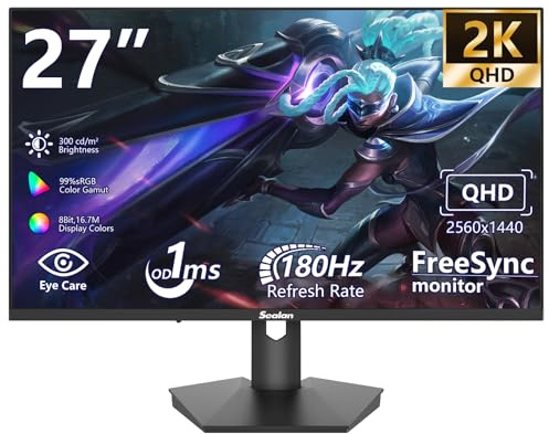 Sealan 27 inch Gaming Computer Monitor,QHD 2560x1440, 180Hz,1ms, Height Adjustable,FreeSync, sRGB 99% Color Gamut, HDR10,2X HDMI 2.0,2X Display Port,PC Monitor Support Wall Mount Install(75 * 75mm)