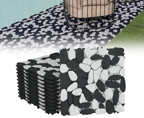 XMTECH Lot de 11 tapis de mosaïque en galets, 30 x 30 cm, surface en pierre naturelle texturée antidérapante, résistante aux intempéries, pour salle de bain, balcon et terrasse, coupe en noir et blanc